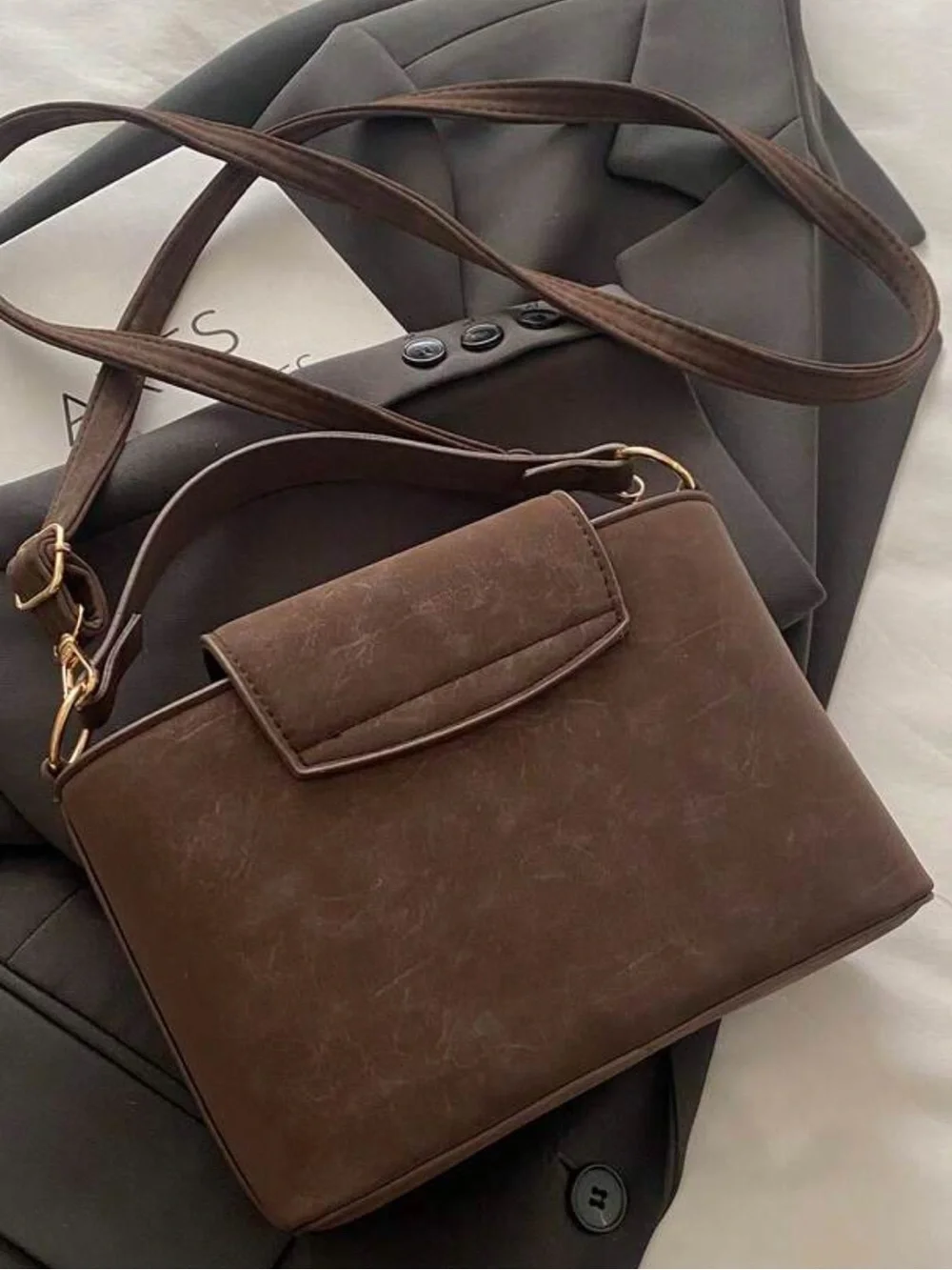 Chocolate Brown Shoulder Bag with Gold V Accent